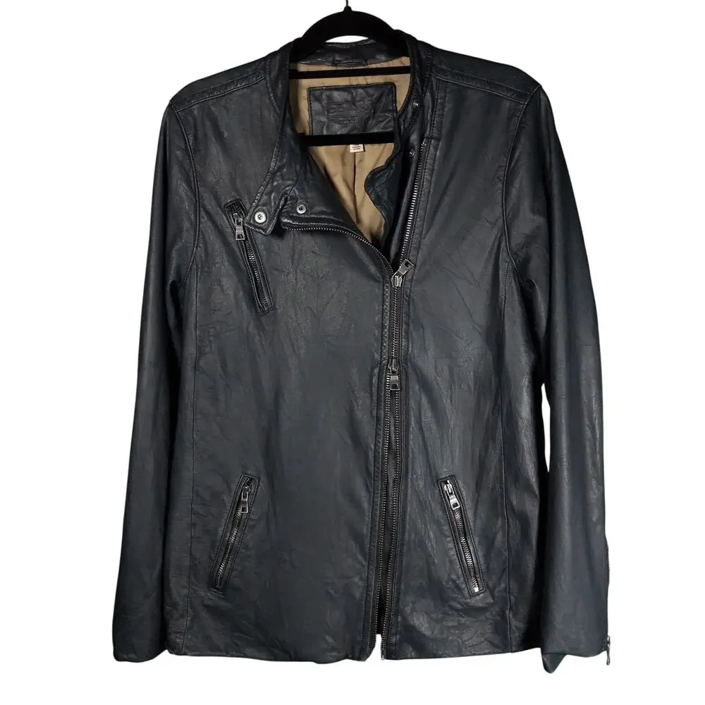 COACH Women's Leather Jacket Grey/Blue Dual Full Zip Moto Pockets Size XL